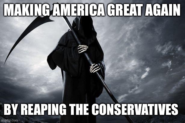 Death | MAKING AMERICA GREAT AGAIN BY REAPING THE CONSERVATIVES | image tagged in death | made w/ Imgflip meme maker