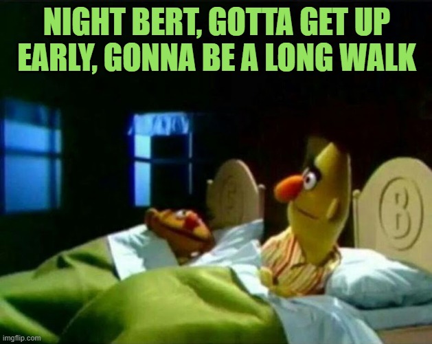 Ernie and Bert | NIGHT BERT, GOTTA GET UP EARLY, GONNA BE A LONG WALK | image tagged in ernie and bert | made w/ Imgflip meme maker