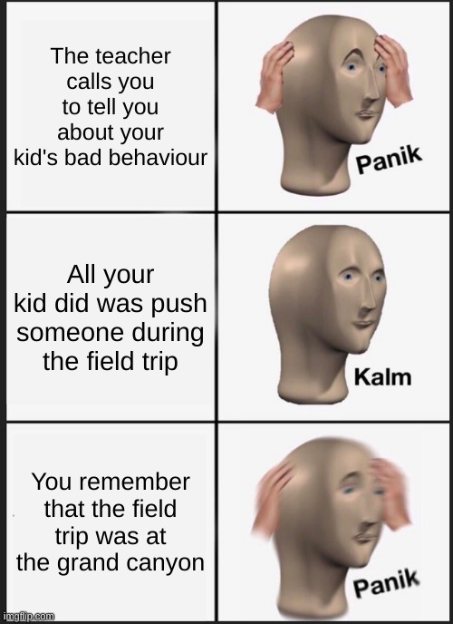 Panik Kalm Panik Meme | The teacher calls you to tell you about your kid's bad behaviour; All your kid did was push someone during the field trip; You remember that the field trip was at the grand canyon | image tagged in memes,panik kalm panik | made w/ Imgflip meme maker