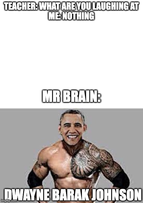 Lmao help me | TEACHER: WHAT ARE YOU LAUGHING AT
ME: NOTHING; MR BRAIN:; DWAYNE BARAK JOHNSON | image tagged in blank white template,funny,memes,dying | made w/ Imgflip meme maker