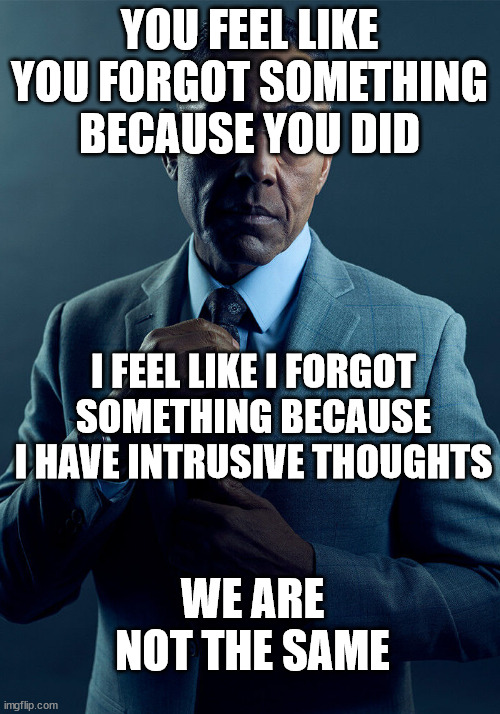 Gus Fring we are not the same | YOU FEEL LIKE YOU FORGOT SOMETHING BECAUSE YOU DID; I FEEL LIKE I FORGOT SOMETHING BECAUSE I HAVE INTRUSIVE THOUGHTS; WE ARE NOT THE SAME | image tagged in gus fring we are not the same | made w/ Imgflip meme maker
