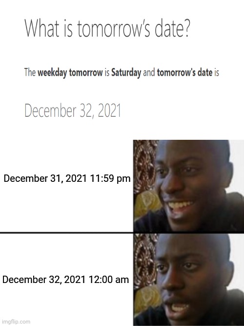 December 32, 2021 |  December 31, 2021 11:59 pm; December 32, 2021 12:00 am | image tagged in oh yeah oh no,december,2021,funny,memes,blank white template | made w/ Imgflip meme maker