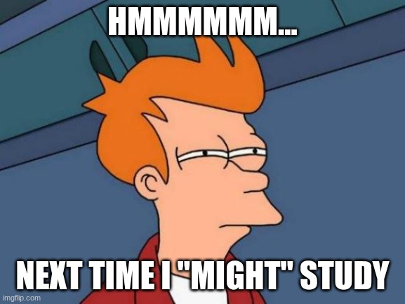 Futurama Fry Meme | HMMMMMM... NEXT TIME I "MIGHT" STUDY | image tagged in memes,futurama fry | made w/ Imgflip meme maker