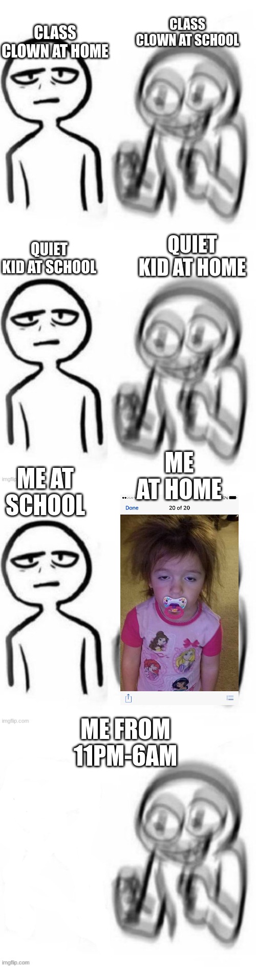 CLASS CLOWN AT HOME; CLASS CLOWN AT SCHOOL; QUIET KID AT HOME; QUIET KID AT SCHOOL; ME AT HOME; ME AT SCHOOL; ME FROM 11PM-6AM | image tagged in tired vs hyper | made w/ Imgflip meme maker