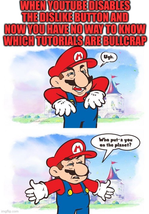 THANKS A LOT YOUTUBE | WHEN YOUTUBE DISABLES THE DISLIKE BUTTON AND NOW YOU HAVE NO WAY TO KNOW WHICH TUTORIALS ARE BULLCRAP | image tagged in youtube,super mario bros,tutorial,video games | made w/ Imgflip meme maker