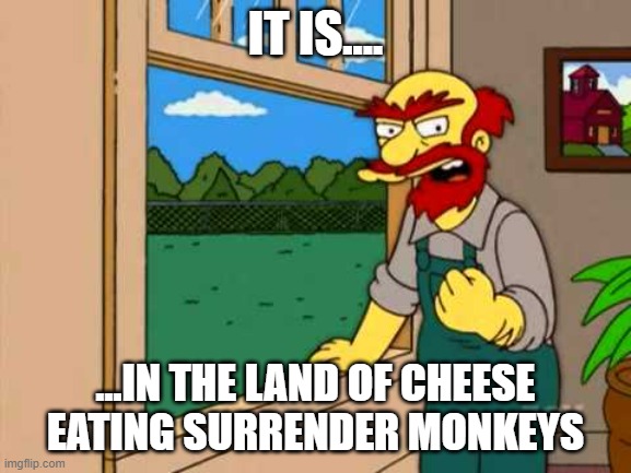 Groundskeeper Willie from the simpsons | IT IS.... ...IN THE LAND OF CHEESE EATING SURRENDER MONKEYS | image tagged in groundskeeper willie from the simpsons | made w/ Imgflip meme maker
