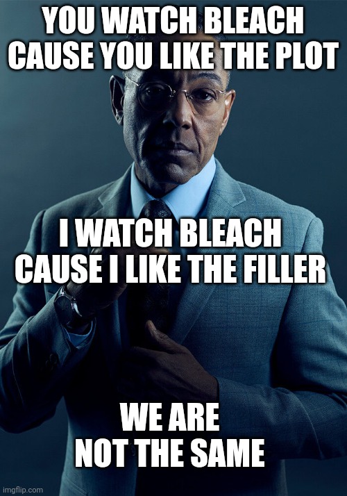 Gus Fring we are not the same | YOU WATCH BLEACH CAUSE YOU LIKE THE PLOT; I WATCH BLEACH CAUSE I LIKE THE FILLER; WE ARE NOT THE SAME | image tagged in gus fring we are not the same | made w/ Imgflip meme maker
