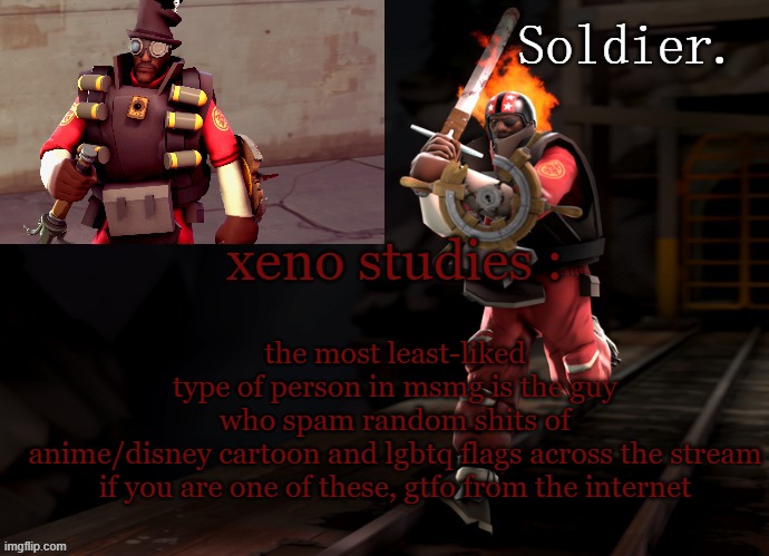 Soldier demoman temp | the most least-liked type of person in msmg is the guy who spam random shits of anime/disney cartoon and lgbtq flags across the stream

if you are one of these, gtfo from the internet; xeno studies : | image tagged in soldier demoman temp | made w/ Imgflip meme maker