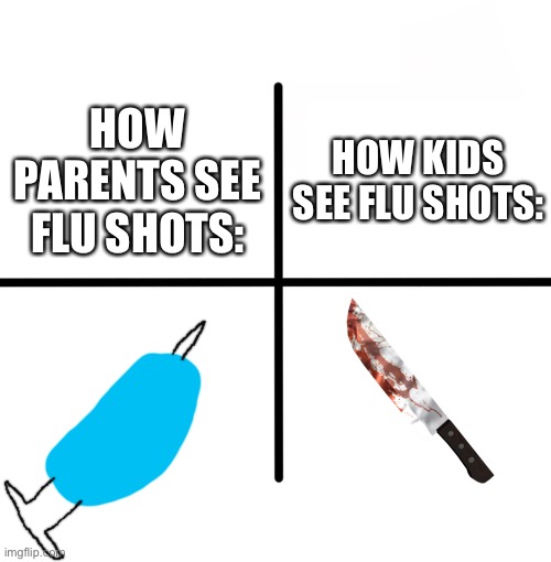 I'm scared of flu shots, it felt like a needle going through your arm | HOW KIDS SEE FLU SHOTS:; HOW PARENTS SEE FLU SHOTS: | image tagged in memes,blank starter pack,flu shots | made w/ Imgflip meme maker