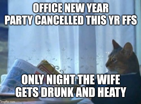 I Should Buy A Boat Cat |  OFFICE NEW YEAR PARTY CANCELLED THIS YR FFS; ONLY NIGHT THE WIFE GETS DRUNK AND HEATY | image tagged in memes,i should buy a boat cat | made w/ Imgflip meme maker