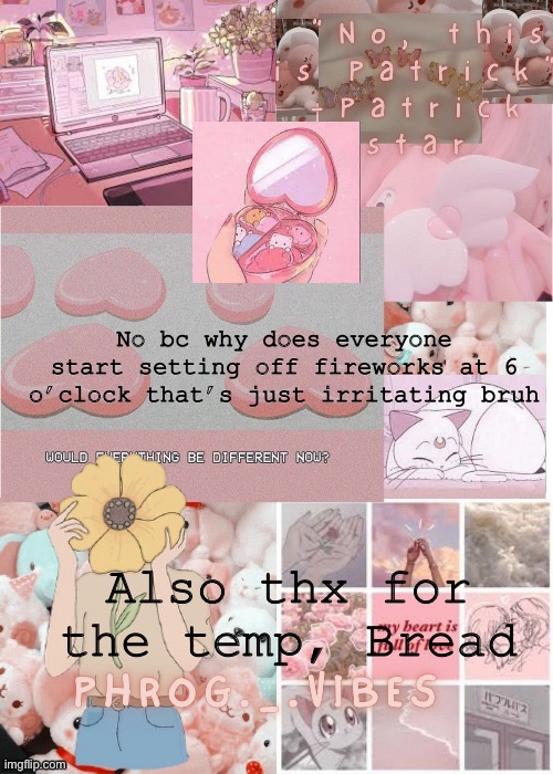 Phrog._.Vibes New Announcement Temp | No bc why does everyone start setting off fireworks at 6 o’clock that’s just irritating bruh; Also thx for the temp, Bread | image tagged in announcement,new years,fireworks,annoying | made w/ Imgflip meme maker