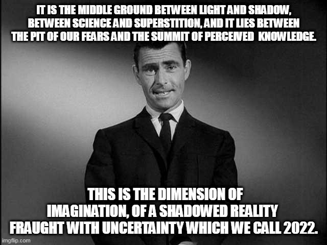 rod serling twilight zone | IT IS THE MIDDLE GROUND BETWEEN LIGHT AND SHADOW, BETWEEN SCIENCE AND SUPERSTITION, AND IT LIES BETWEEN THE PIT OF OUR FEARS AND THE SUMMIT OF PERCEIVED  KNOWLEDGE. THIS IS THE DIMENSION OF IMAGINATION, OF A SHADOWED REALITY  FRAUGHT WITH UNCERTAINTY WHICH WE CALL 2022. | image tagged in rod serling twilight zone | made w/ Imgflip meme maker