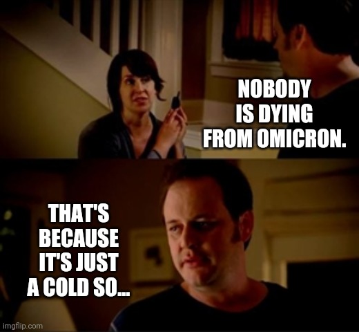 Exact same symptoms. | NOBODY IS DYING FROM OMICRON. THAT'S BECAUSE IT'S JUST A COLD SO... | image tagged in jake from state farm | made w/ Imgflip meme maker