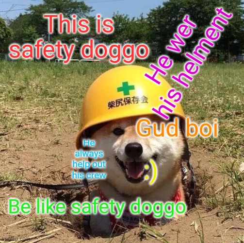 Bread ? | This is safety doggo; He wer his helment; Gud boi; He always help out his crew; :); Be like safety doggo | image tagged in be like bill,safety,doggo | made w/ Imgflip meme maker
