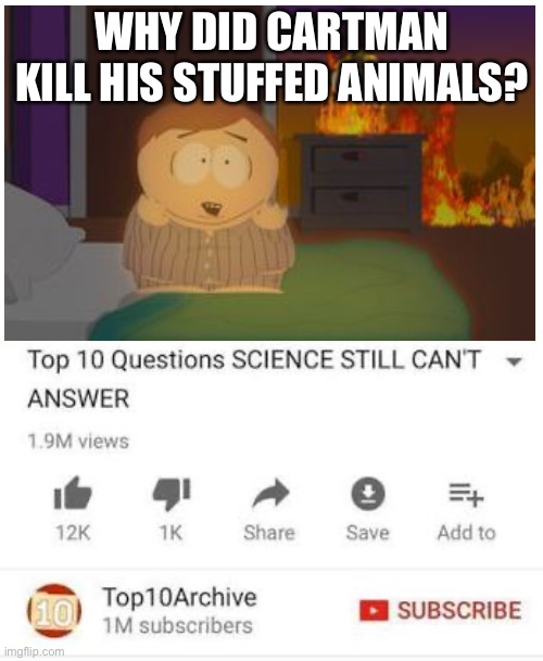 why | WHY DID CARTMAN KILL HIS STUFFED ANIMALS? | image tagged in top 10 questions science still can't answer,why | made w/ Imgflip meme maker