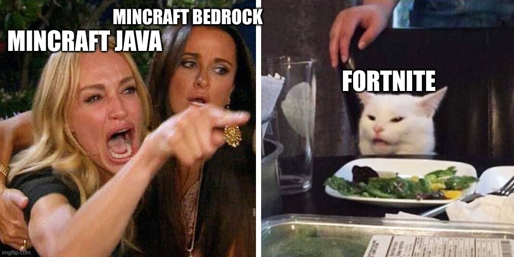 Smudge the cat | MINCRAFT BEDROCK; FORTNITE; MINCRAFT JAVA | image tagged in smudge the cat | made w/ Imgflip meme maker