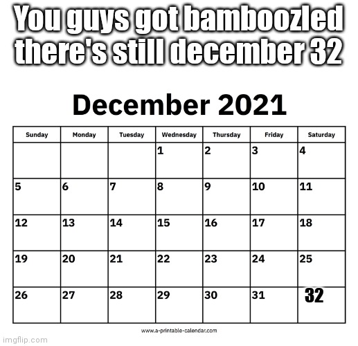 Not new year yet | You guys got bamboozled there's still december 32; 32 | image tagged in troll,funny,funny memes | made w/ Imgflip meme maker