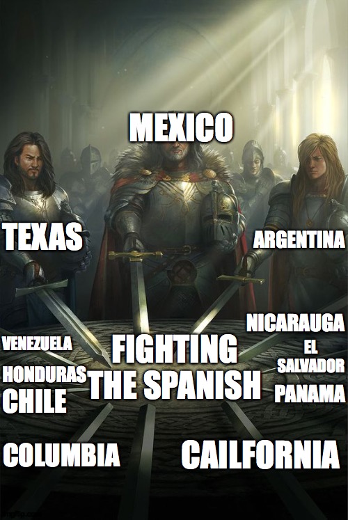 Knights of the Round Table | TEXAS MEXICO ARGENTINA FIGHTING THE SPANISH CAILFORNIA COLUMBIA PANAMA CHILE EL SALVADOR HONDURAS VENEZUELA NICARAUGA | image tagged in knights of the round table | made w/ Imgflip meme maker