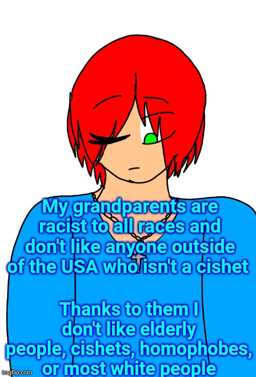 Spire's Christian OC or something | My grandparents are racist to all races and don't like anyone outside of the USA who isn't a cishet; Thanks to them I don't like elderly people, cishets, homophobes, or most white people | image tagged in spire's christian oc or something | made w/ Imgflip meme maker