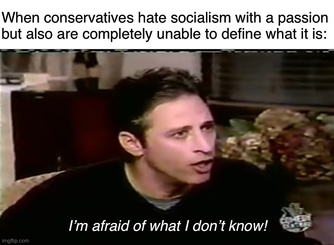 Many would like it if they understood it. | When conservatives hate socialism with a passion but also are completely unable to define what it is:; I’m afraid of what I don’t know! | image tagged in socialism,conservatives,conservative logic,capitalism,communism,left wing | made w/ Imgflip meme maker