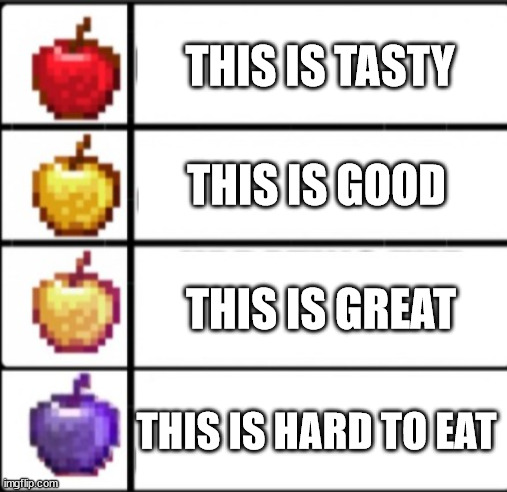 apples in minecraft | THIS IS TASTY; THIS IS GOOD; THIS IS GREAT; THIS IS HARD TO EAT | image tagged in minecraft apples | made w/ Imgflip meme maker