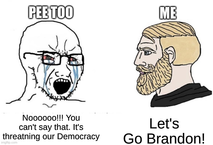 Soyboy Vs Yes Chad | ME; PEE TOO; Noooooo!!! You can't say that. It's threatning our Democracy; Let's Go Brandon! | image tagged in soyboy vs yes chad,memes,funny,conservatives | made w/ Imgflip meme maker