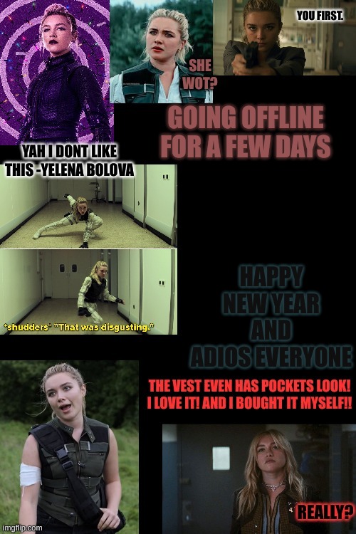 hello | GOING OFFLINE FOR A FEW DAYS; HAPPY NEW YEAR AND ADIOS EVERYONE | image tagged in hello | made w/ Imgflip meme maker