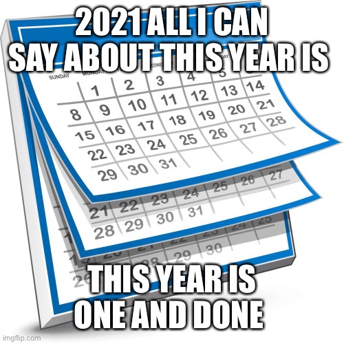 Calendar | 2021 ALL I CAN SAY ABOUT THIS YEAR IS; THIS YEAR IS ONE AND DONE | image tagged in calendar | made w/ Imgflip meme maker
