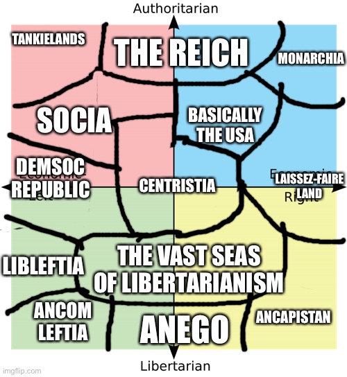 New PCM. Where would you live on here (for me, prolly the border between Centristia and The Vast Sea.) | THE REICH; TANKIELANDS; MONARCHIA; BASICALLY THE USA; SOCIA; LAISSEZ-FAIRE LAND; CENTRISTIA; DEMSOC REPUBLIC; THE VAST SEAS OF LIBERTARIANISM; LIBLEFTIA; ANCAPISTAN; ANEGO; ANCOM LEFTIA | image tagged in political compass | made w/ Imgflip meme maker