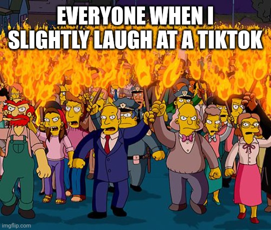 angry mob | EVERYONE WHEN I SLIGHTLY LAUGH AT A TIKTOK | image tagged in angry mob | made w/ Imgflip meme maker