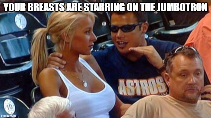 Bro explaining | YOUR BREASTS ARE STARRING ON THE JUMBOTRON | image tagged in bro explaining | made w/ Imgflip meme maker