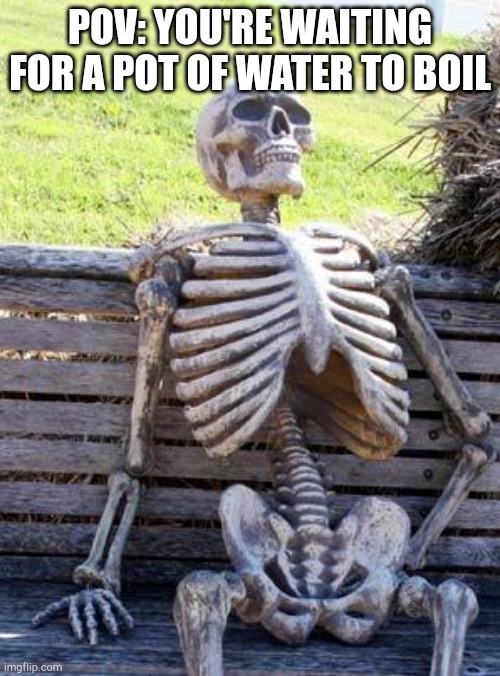 Waiting Skeleton Meme | POV: YOU'RE WAITING FOR A POT OF WATER TO BOIL | image tagged in memes,waiting skeleton | made w/ Imgflip meme maker