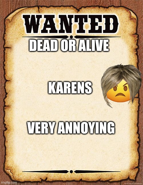 wanted poster | DEAD OR ALIVE; KARENS; VERY ANNOYING | image tagged in wanted poster | made w/ Imgflip meme maker