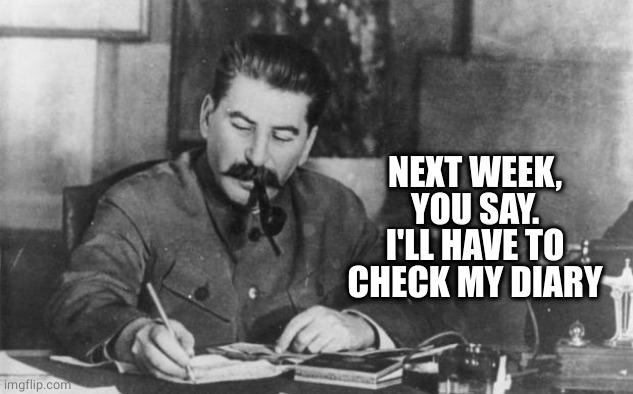 Stalin diary | NEXT WEEK, YOU SAY.
I'LL HAVE TO CHECK MY DIARY | image tagged in stalin diary | made w/ Imgflip meme maker