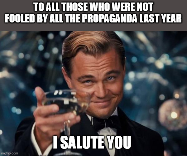 Leonardo Dicaprio Cheers | TO ALL THOSE WHO WERE NOT FOOLED BY ALL THE PROPAGANDA LAST YEAR; I SALUTE YOU | image tagged in memes,leonardo dicaprio cheers | made w/ Imgflip meme maker