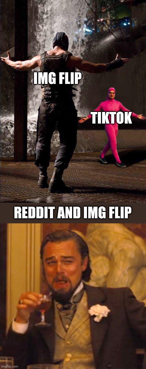 IMG FLIP; TIKTOK; REDDIT AND IMG FLIP | image tagged in pink guy vs bane,memes,laughing leo | made w/ Imgflip meme maker