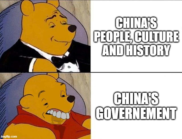 Tuxedo Winnie the Pooh grossed reverse | CHINA'S PEOPLE, CULTURE AND HISTORY; CHINA'S GOVERNEMENT | image tagged in tuxedo winnie the pooh grossed reverse,memes,china | made w/ Imgflip meme maker