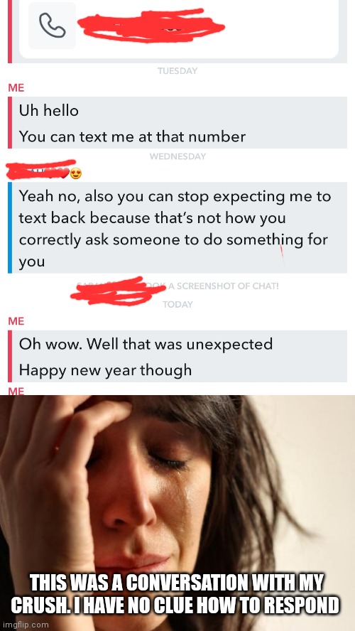 Help | THIS WAS A CONVERSATION WITH MY CRUSH. I HAVE NO CLUE HOW TO RESPOND | image tagged in memes,first world problems | made w/ Imgflip meme maker