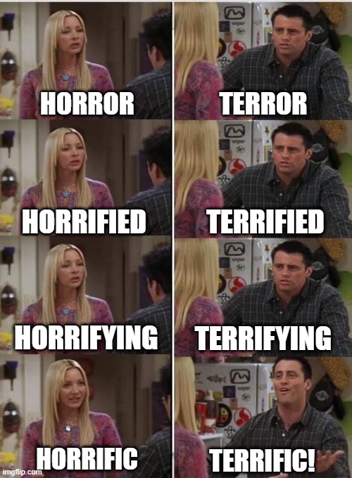 Haha I love friends and I found this template and decided to go with it | HORROR; TERROR; TERRIFIED; HORRIFIED; HORRIFYING; TERRIFYING; HORRIFIC; TERRIFIC! | image tagged in phoebe joey | made w/ Imgflip meme maker