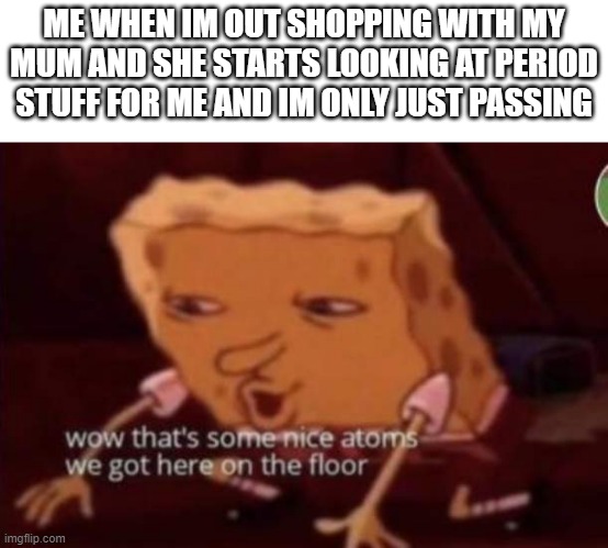 real good atoms | ME WHEN IM OUT SHOPPING WITH MY MUM AND SHE STARTS LOOKING AT PERIOD STUFF FOR ME AND IM ONLY JUST PASSING | made w/ Imgflip meme maker