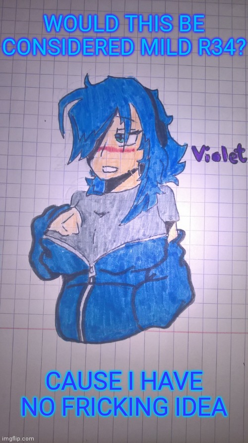 Violet(redraw) | WOULD THIS BE CONSIDERED MILD R34? CAUSE I HAVE NO FRICKING IDEA | image tagged in violet redraw | made w/ Imgflip meme maker