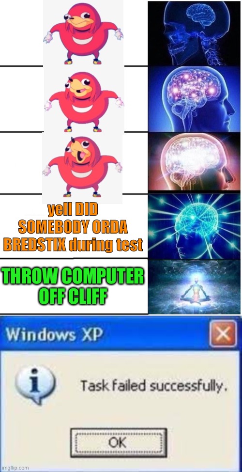 yell DID SOMEBODY ORDA BREDSTIX during test; THROW COMPUTER OFF CLIFF | image tagged in expanding brain 5 panel,task failed success | made w/ Imgflip meme maker