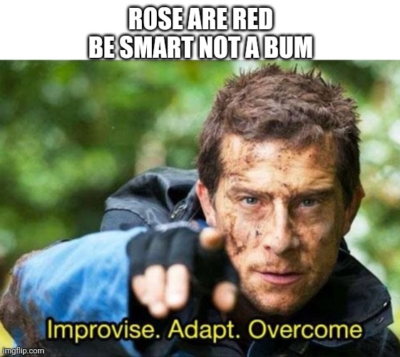 Bear Grylls Improvise Adapt Overcome | ROSE ARE RED
BE SMART NOT A BUM | image tagged in bear grylls improvise adapt overcome | made w/ Imgflip meme maker
