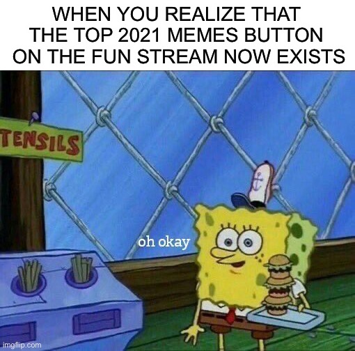 Oh ok | WHEN YOU REALIZE THAT THE TOP 2021 MEMES BUTTON  ON THE FUN STREAM NOW EXISTS | image tagged in oh okay,memes,funny | made w/ Imgflip meme maker