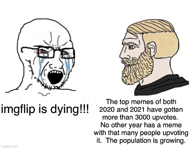 For all the idiots thinking that this place is dying | imgflip is dying!!! The top memes of both 2020 and 2021 have gotten more than 3000 upvotes.  No other year has a meme with that many people upvoting it.  The population is growing. | image tagged in soyboy vs yes chad,funny,imgflip | made w/ Imgflip meme maker