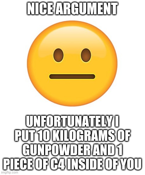 Straight Face | NICE ARGUMENT; UNFORTUNATELY I PUT 10 KILOGRAMS OF GUNPOWDER AND 1 PIECE OF C4 INSIDE OF YOU | image tagged in straight face | made w/ Imgflip meme maker