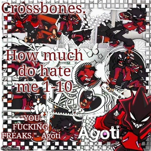 Crossbones Agoti temp | How much do hate me 1-10 | image tagged in crossbones agoti temp | made w/ Imgflip meme maker