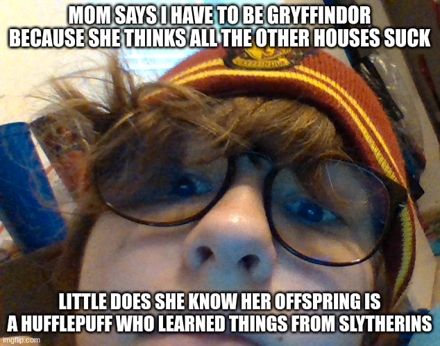 MOM SAYS I HAVE TO BE GRYFFINDOR BECAUSE SHE THINKS ALL THE OTHER HOUSES SUCK; LITTLE DOES SHE KNOW HER OFFSPRING IS A HUFFLEPUFF WHO LEARNED THINGS FROM SLYTHERINS | made w/ Imgflip meme maker