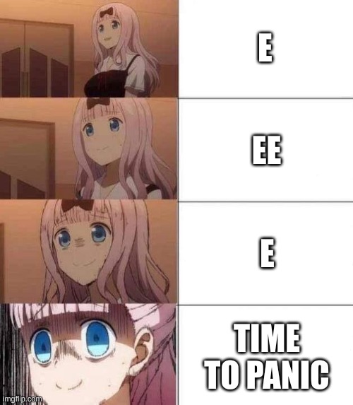 chika template | E EE E TIME TO PANIC | image tagged in chika template | made w/ Imgflip meme maker