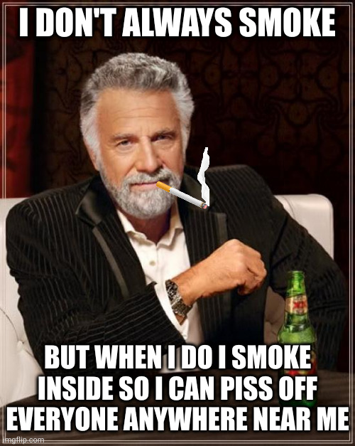 If you care that little about your health allow me to help by breaking that bottle over your head and stabbing you in the face |  I DON'T ALWAYS SMOKE; BUT WHEN I DO I SMOKE INSIDE SO I CAN PISS OFF
EVERYONE ANYWHERE NEAR ME | image tagged in memes,the most interesting man in the world | made w/ Imgflip meme maker
